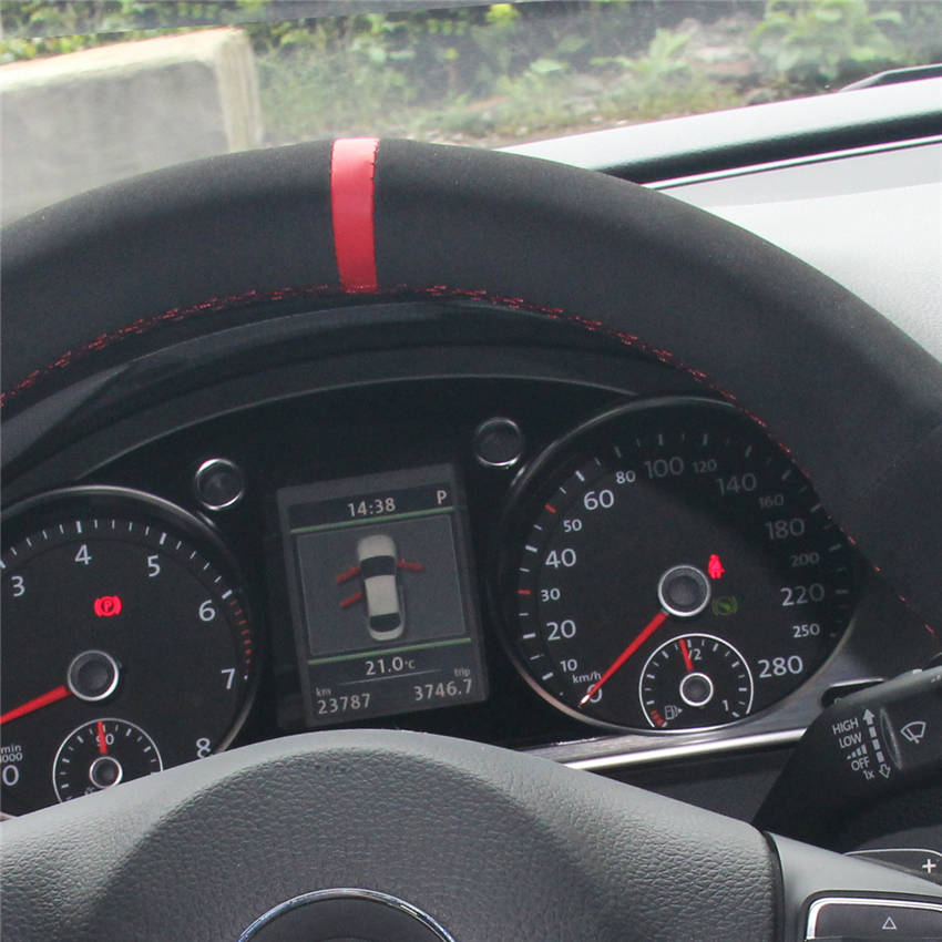 Loncky Auto Custom Fit OEM Black Red Suede Leather Car Steering Wheel